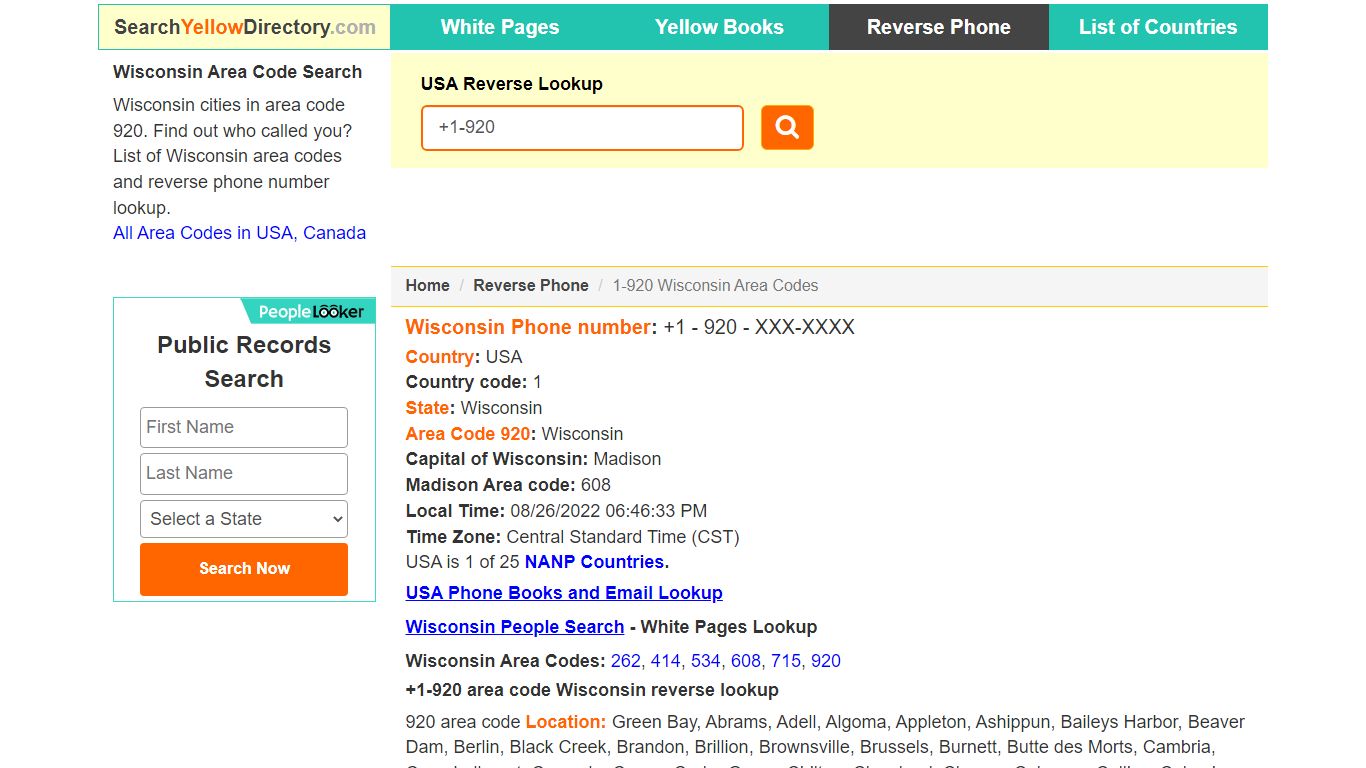 Wisconsin Area Code 920 Reverse Phone Number Lookup