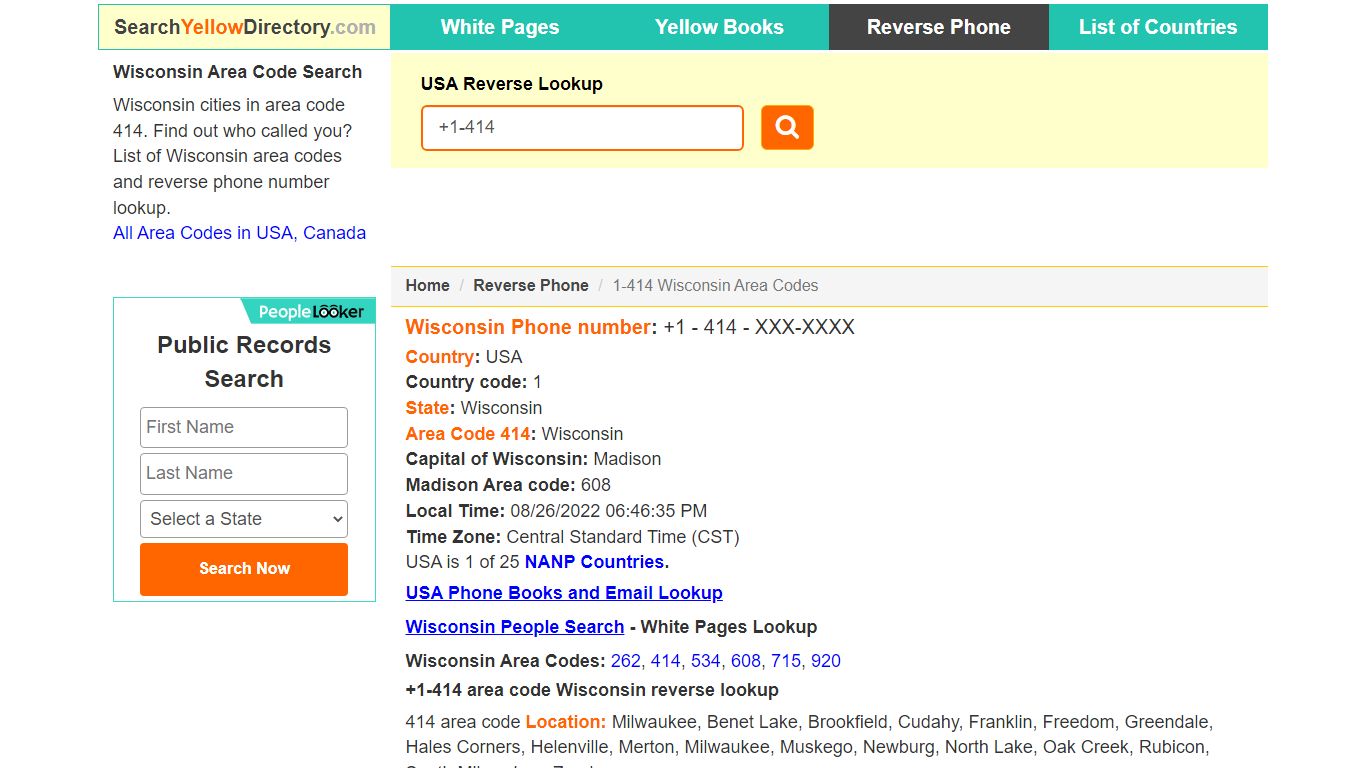 Wisconsin Area Code 414 Reverse Phone Number Lookup